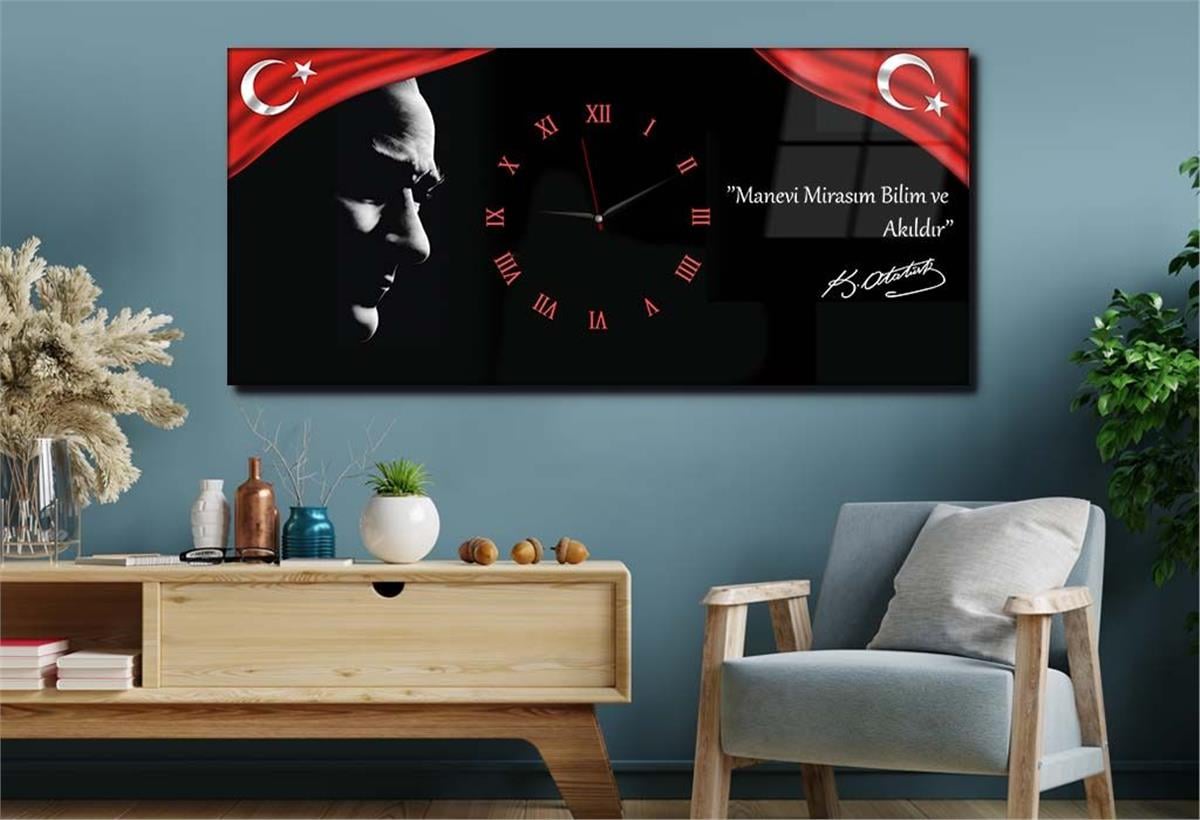 Atatürk Manevi miras  Saatli Cam Tablo  50x110cm