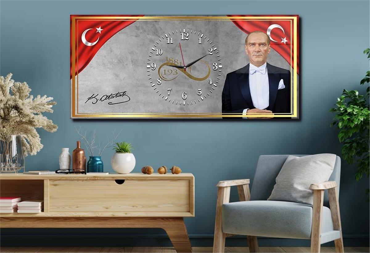 Atatürk Vatan Saatli Cam Tablo  50x110cm