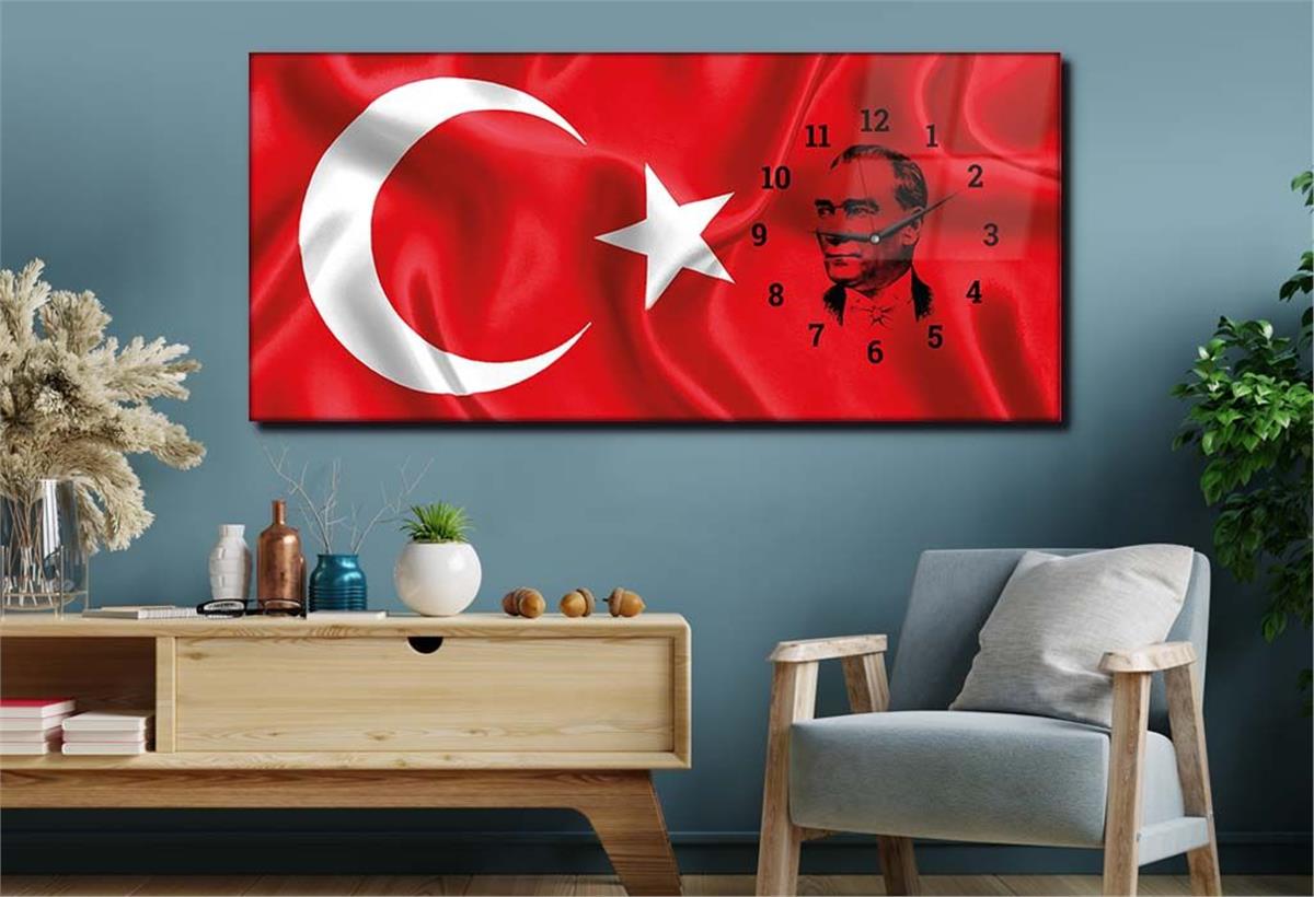 Türk Bayrağı ve Atatürk Saatli Cam Tablo 50x110cm