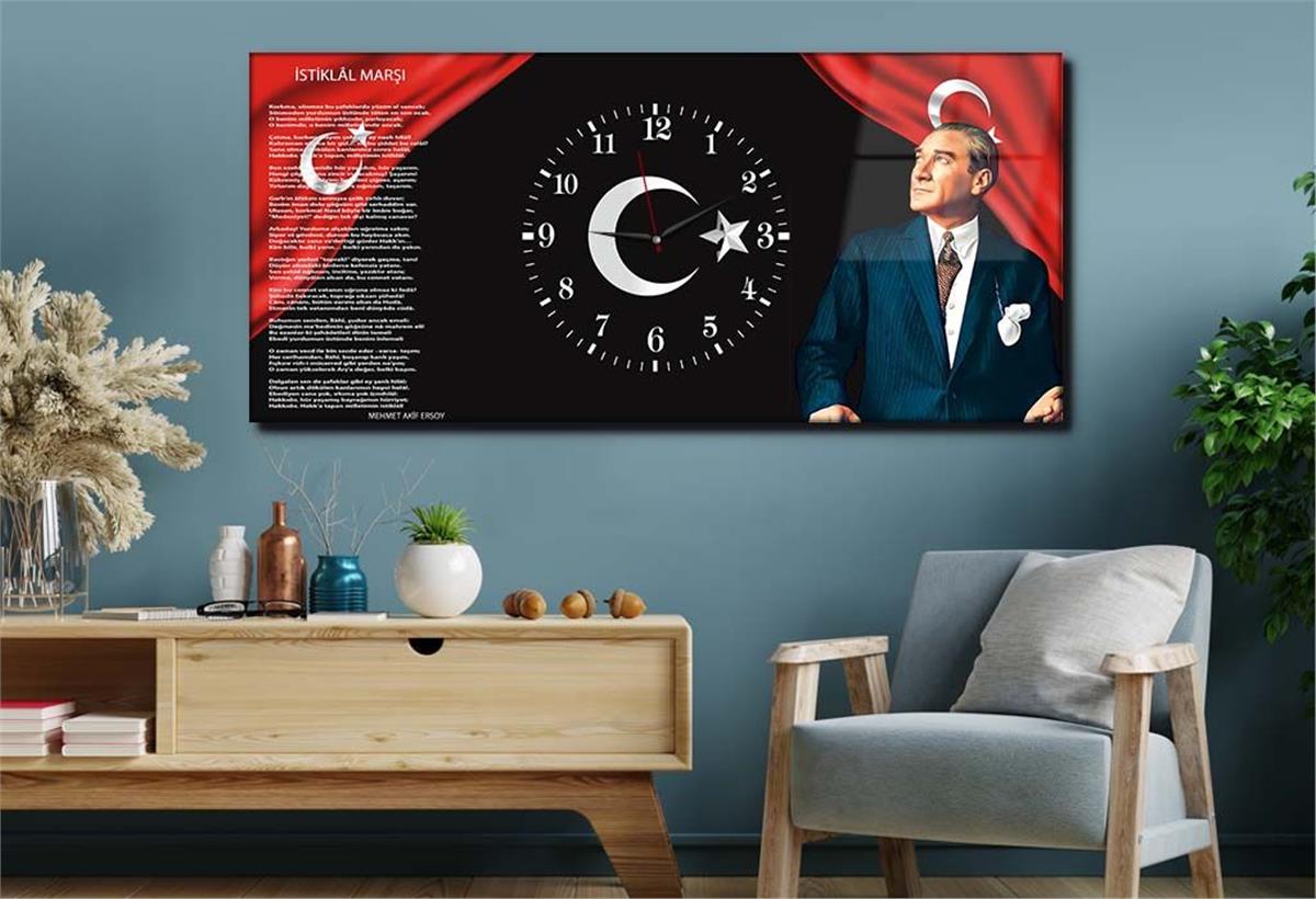 Atatürk Ortadan  Saatli Cam Tablo  50x110cm